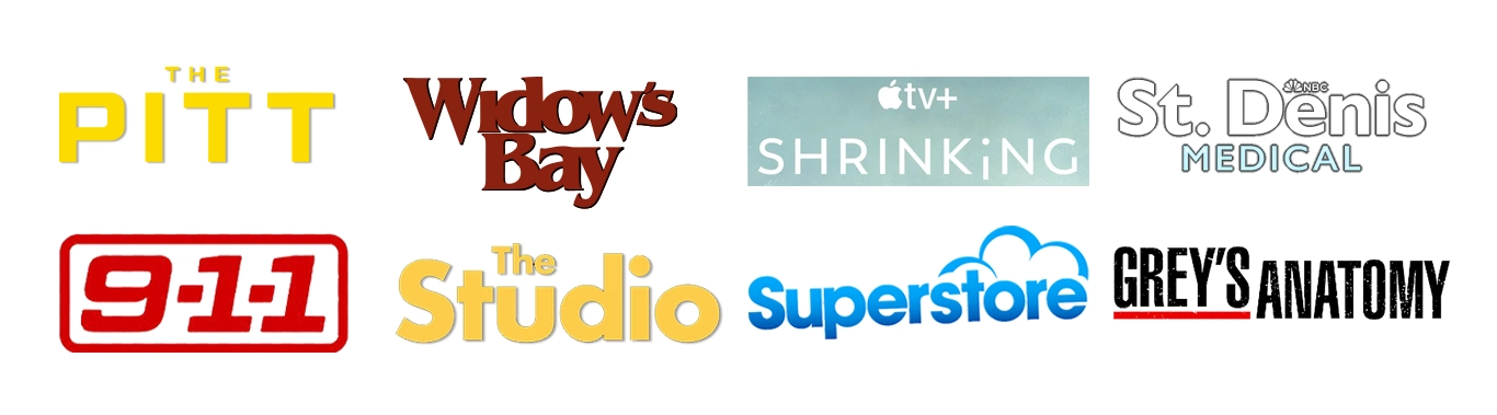 Clients have been seen on The Pitt, Widow's Bay, Shrinking, St Denis Medical, 911, The Studio, Superstore, Grey's Anatomy